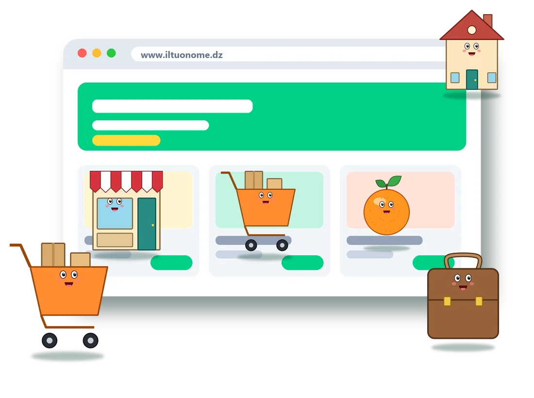 Un sito web con un negozio, un carrello, un'arancia e una valigetta, disegnati come personaggi sorridenti